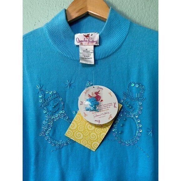 NWT Quacker Factory Women’s Blue Beaded Snowman Sweater Medium - Picture 5 of 8